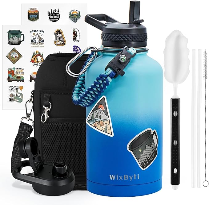 64 oz Insulated Water Bottle with Straw (Cold for 48 Hrs), Half Gallon Stainless Steel Triple Wall Vacuum Sports Water Jug, Leakproof Hydro Cup Flask with Straw Spout Lids & DIY Stickers