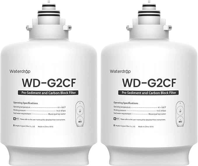 Waterdrop WD-G2CF Filter, Replacement for WD-G2-W, WD-G2-B, WD-G2P600-W Reverse Osmosis System,12-month Lifetime, 2-Pack