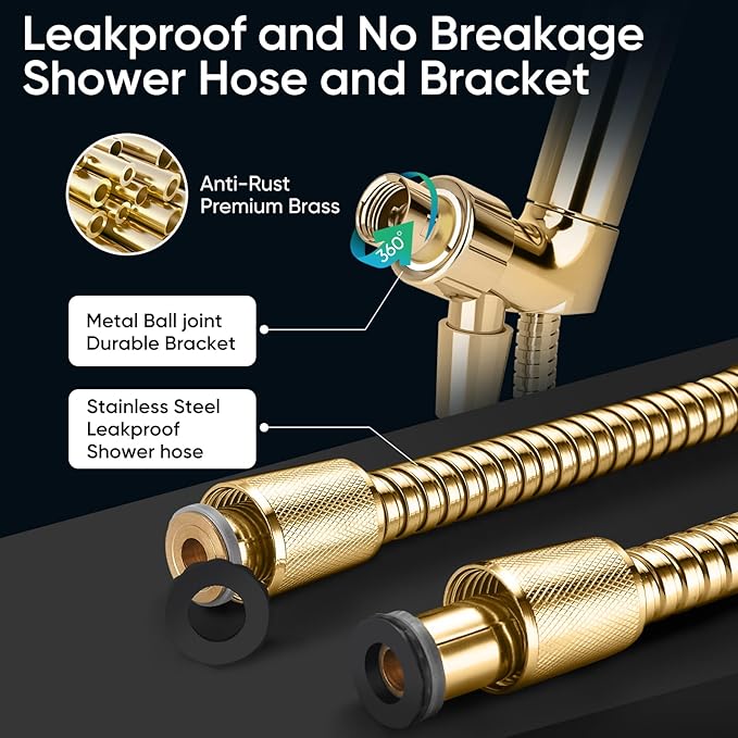 Cobbe High Pressure Shower Head with Built-in Pause Button 9-Function Detachable Showerhead with Handheld Brass Swivel Bracket & Stainless Steel Hose, Water Saving 1-Click Stop, Gold