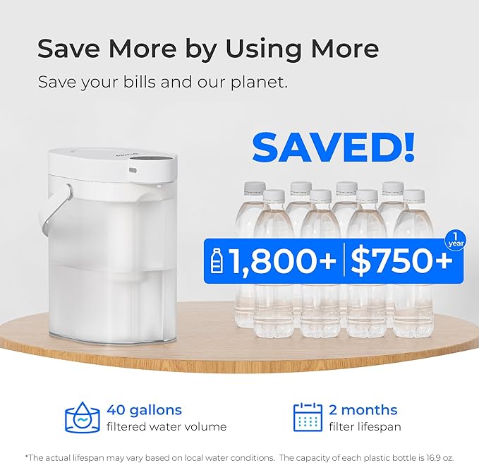 Waterdrop FreshTaste Instant Water Filter Pitcher with 4 Filters, Rechargeable Powerful Dispenser, Reduce Chlorine, Lead, Copper, Purify, Soften Water, 17-Cup, White, Does not Lower TDS