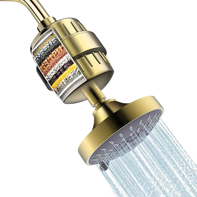 Shower Head and 15 Stage Shower Filter Combo, FEELSO High Pressure 5 Spray Filtered Showerhead with Water Softener Filters for Hard Water Remove Chlorine and Harmful Substances (Golden)