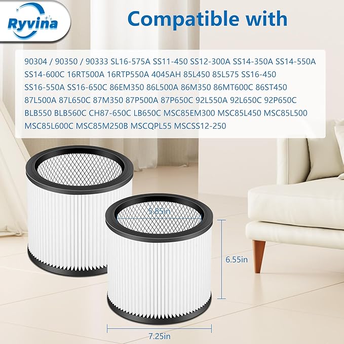 90304 Vacuum Filter Replacement Parts Compatible with Shop Vac 90304 90350 90333, Fits Most 5 Gallon Up Wet Dry Vacuum Cleaner. Part # 90304, 90585 (2PCS) - AquaVibe