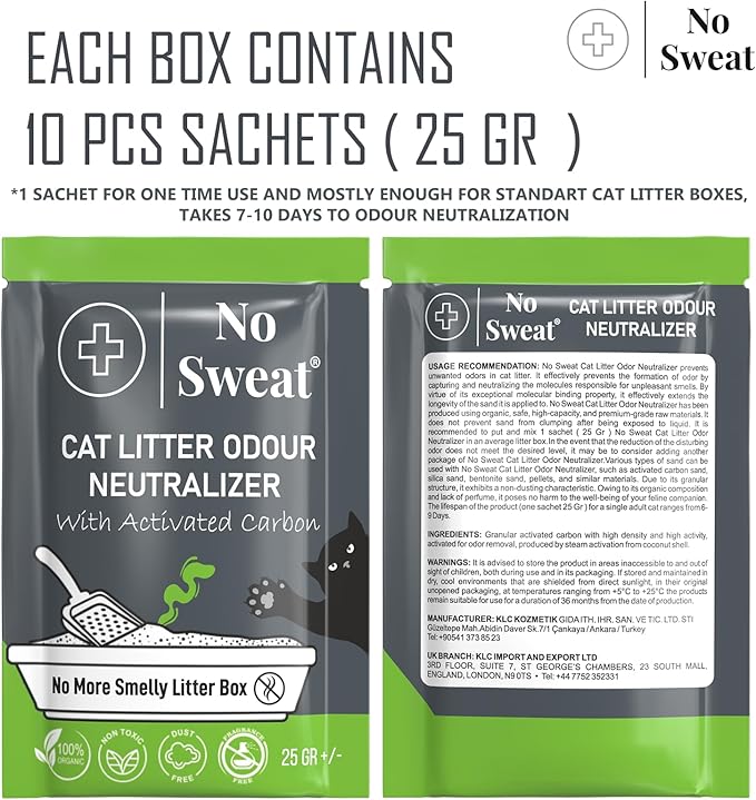 No Sweat Activated Carbon Cat Litter Odour Neutralizer- Made Of Coconut Shell -All Natural - None Chemical,Toxic Ingredients- Non-Scented-Planet Friendly-Disposable 10 Packs in One Box 250 GR - AquaVibe