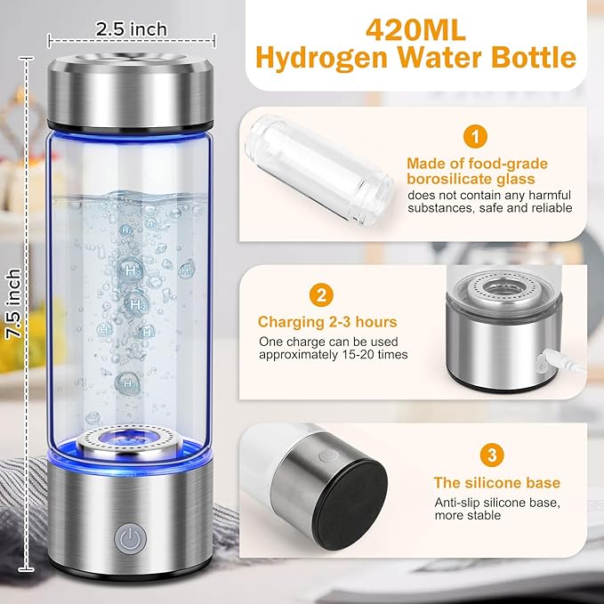Upgrade Hydrogen Water Bottle, Hydrogen Water Generator with Advanced SPE PEM Technology, 420ml(14OZ) Hydro Water Machine, Portable Water Ionizer for Travel, Office, Fitness & Everyday Hydration
