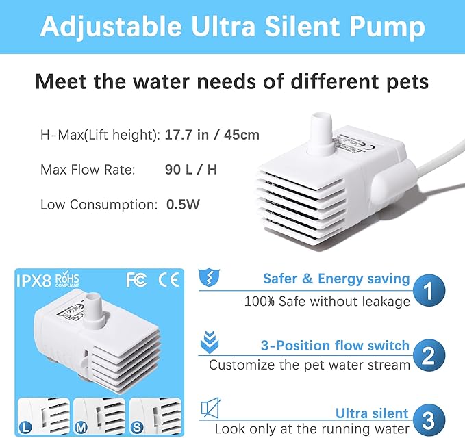 Cat Water Fountain Pump Silent DC5V Original Pet Drinking Fountain Replacement Pump (170L/H) with 6.5ft USB Power Cord for 61OZ/1.8L HAPUP Dog Water Fountain Fish Tank Hydroponics (No Adapter)