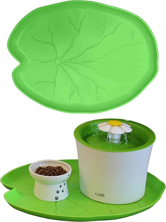 PetStandard Premium Pet Food Tray - Dog and Cat Food Mat with Green Leaf Design - Best for Catit and Drinkwell Water Pet Fountains. Fountain Not Included