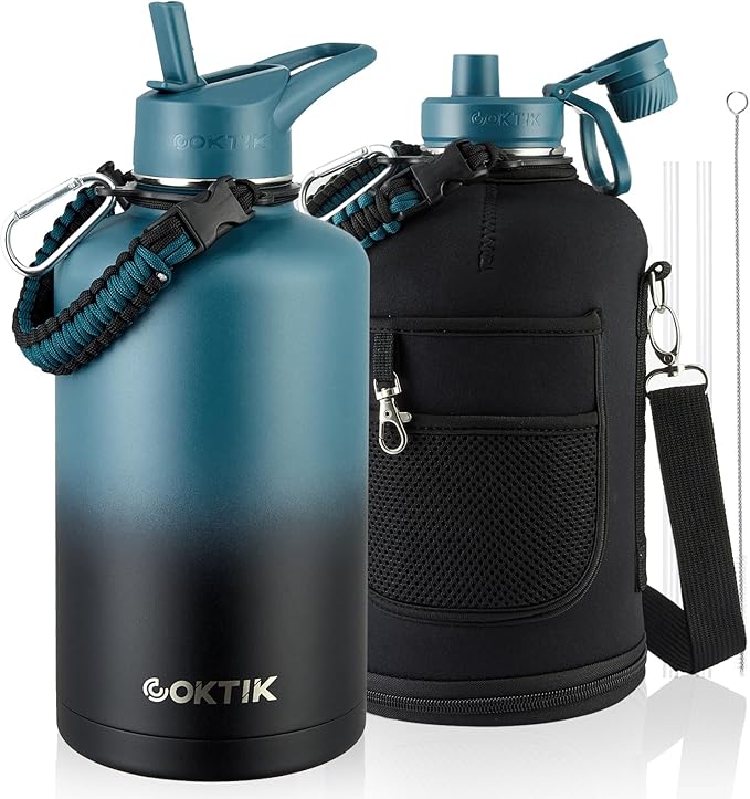 COKTIK 84oz Insulated Water Bottle - Stainless Steel Vacuum Metal, Portable ½ Gallon Large-Capacity Sports Bottle with Straw, Carry Bag and Handle Strap, Ideal for Gym & Hiking（Dark Night)