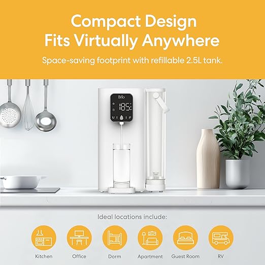 Brio SIMPL Countertop Water Dispenser, 3 Stage Water Filter & Adjustable Instant Hot Water | Easy Access Refillable 2.5L Tank | Tall 8.5" Dispense Height, LED Touch Controls, White