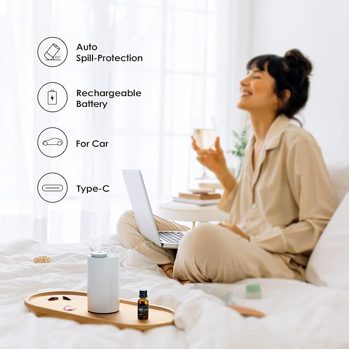 Waterless Diffuser for Essential Oil, Battery Operated Nebulizer, 0.7 Fl.Oz./ 20mL Capacity, Mini Scent Air Machine, 3 Countdown Timers & 3 Mist Levels for Home, Room, Car, Office - AN6 Cold Grey