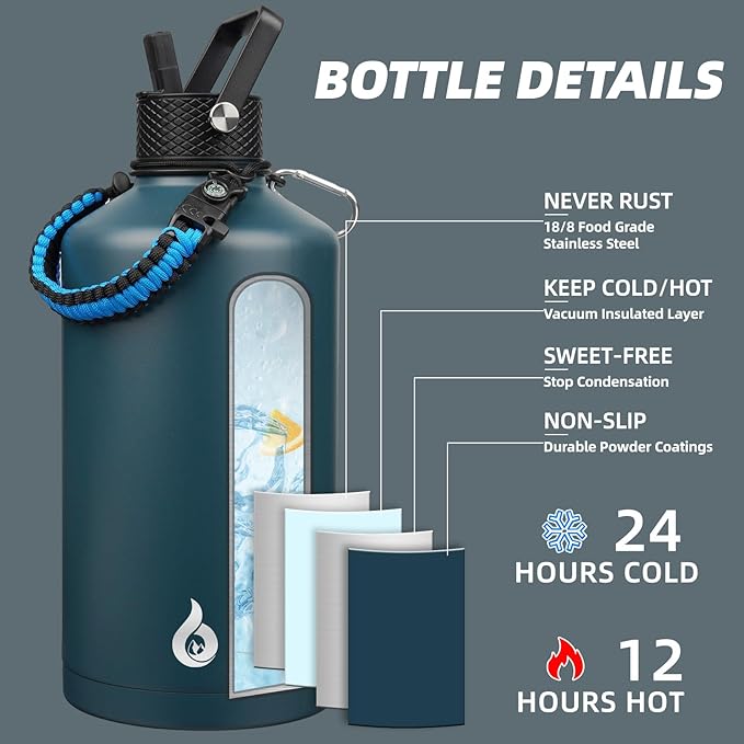 BJPKPK 1 Gallon Water Bottle with Straw Lid, 128oz Large, Stainless Steel Water Bottles with 3 Lids and Paracord Strap, Double Wall Vacuum Metal Jug, Navy Blue