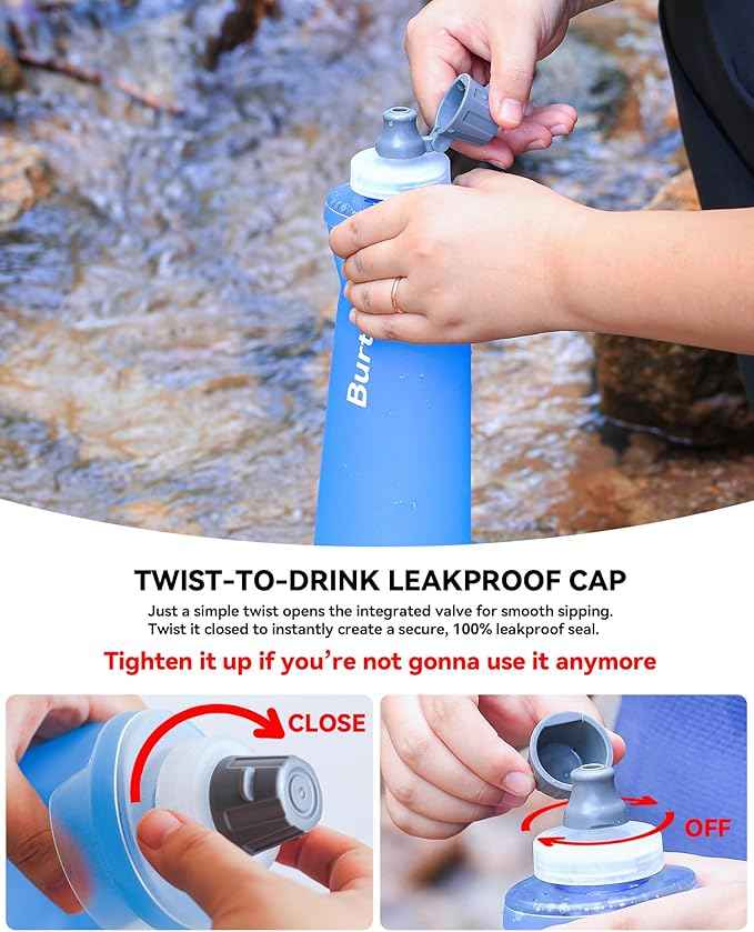 Ultralight Collapsible Water Bottle, Compatible with 42mm BeFree Water Filter Cartridge, 1.0L Leakproof Foldable Water Bottle for Camping, Backpacking, Travel & Endurance Sports