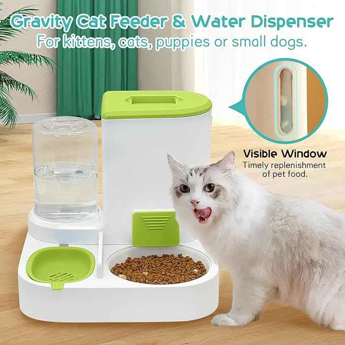 Fhiny Gravity Cat Feeder and Water Dispenser, 2 in 1 Automatic Pet Waterer Detachable Stainless Steel Food Bowls Set Pet Food Storage for Small Dog Puppy Cat Kitten Pet Easy Clean (Green)