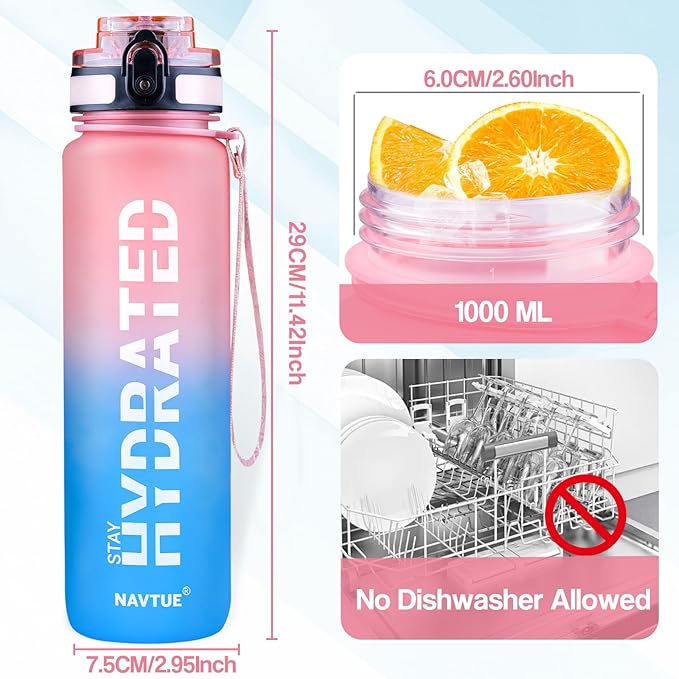 Water Bottle, 32oz Sports Water Bottles with Time Marker Wide Mouth, Motivational and Leakproof Drink Bottle, BPA Free Tritan with Carry Strap for Gym Fitness Outdoor(1 Bottle)
