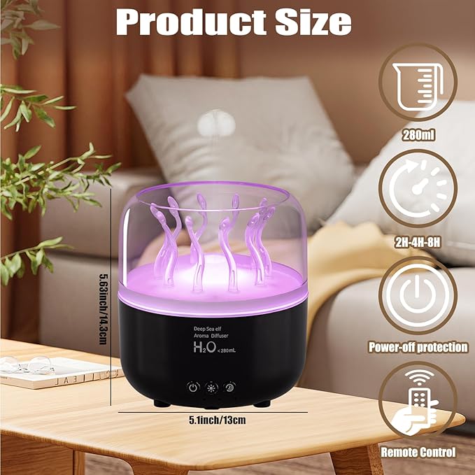 Jellyfish Humidifier Diffuser, 280ml Essential Oil Diffuser with Remote, 7 Color Lights, Quiet Ultrasonic Cool Mist Humidifier for Home, Office, Nursery, Auto-Off (Black)