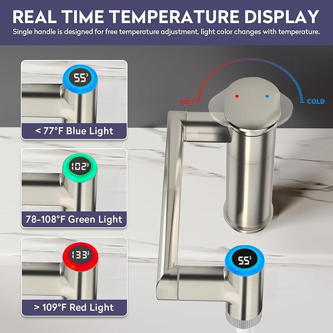 HOWUWEY Brushed Nickel Rotatable Single Hole Bathroom Vanity Faucet with Temperature Display & HOWUWEY Chrome Filtered Dual Shower Head with Handheld Spray Combo for Hard Water