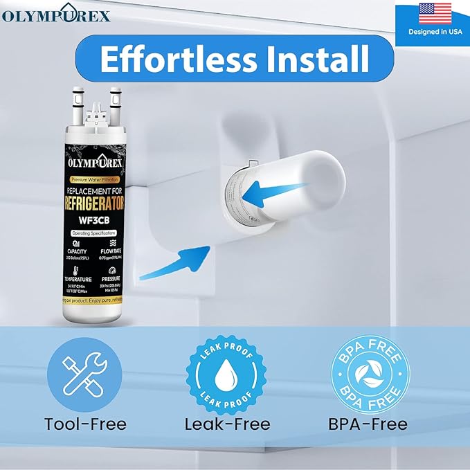 WF3CB Refrigerator Water Filter Replacement, Premium Replacement for WF425, Pure Source 3, 706465, 242069601, 242086201, 242017800, PS3412266, Fridge Water Filter, 9 Inches [Pack 2]