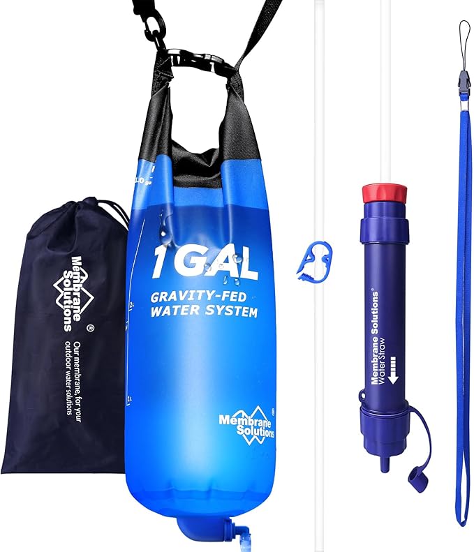 Membrane Solutions Gravity Water Filter 1 Gallon, NSF/ANSI 42&372&401 Certified, 0.1μm Versatile Water Purifier Camping with Adjustable Tree Strap Storage Bag, Survival Gear for Emergency Preparedness