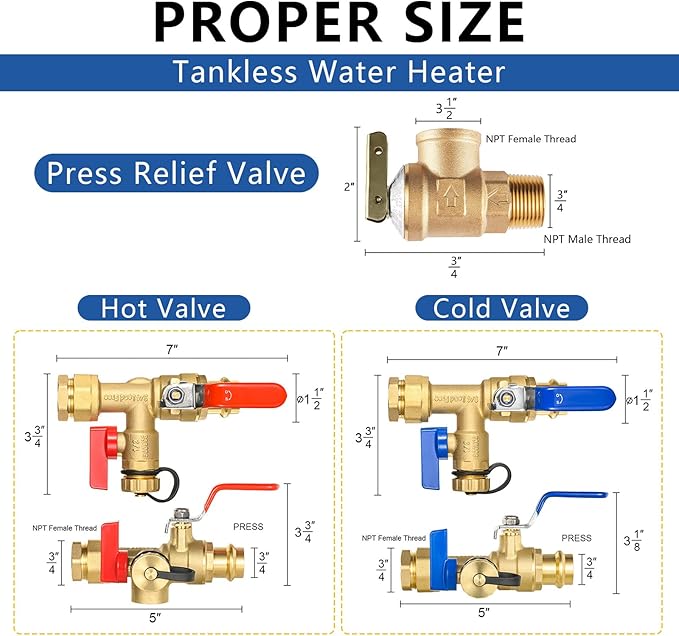 3/4 Inch GUOFIS IPS Tankless Water Heater Valve Kit with Pressure Relief Valve(3/4"FIPx 3/4" Press),5 Set Water Heater Valve Kit