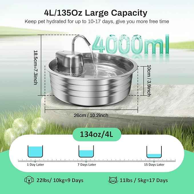 Cat Water Fountain, 4L/135OZ Stainless Steel Pet Fountain with 6 Filters Dog Water Dispenser, Dog Water Bowl Cat Drinking Fountains Watering Supplies with Ultra-Quiet Pump for Pets Indoor