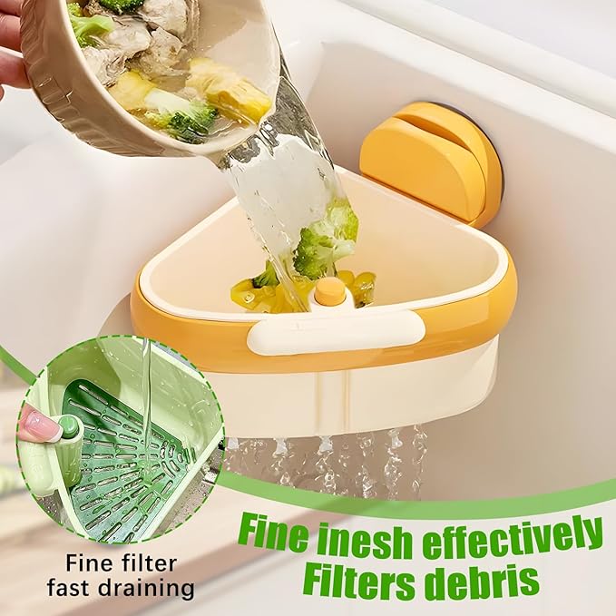 Suction Cup Sink Corner Rack,Sink Strainer Basket,Plastic Sink Storage Rack Holder,Triangle Sink Filter Basket,Corner Sink Trash Catcher for Food Waste (Green)
