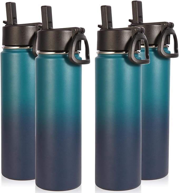 Volhoply Insulated Water Bottles with Straw Bulk 4 Pack, 22 oz Stainless Steel Sports Bottle with Handle,Double Wall Water Cups with Wide Mouth,Reusable Cold Water Cup for School(Dark Night,4 Set)