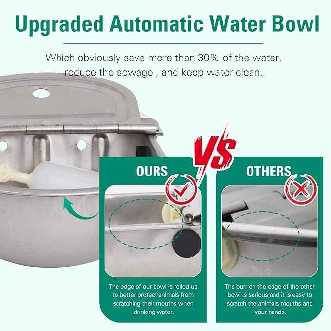 304 Stainless Steel Automatic Livestock Waterer with Float Valve and 39 inch Water Hose(one end 3/4''), Automatic Animal Water Bowl for Dogs,Horse,Calf,Chicken,Goat, Livestock Horse Waterer Dispenser