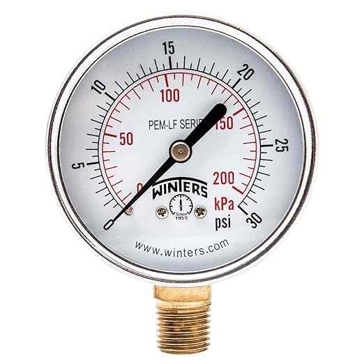 Winters 2-1/2 inch Dial Size, Economy Utility Pressure Gauge, Potable Brass Internals, Steel Case, Dual Scale 0-30 psi/kPa, 3-2-3% Accuracy, 1/4 inch NPT Bottom Mount, Drinking Water Pressure Gauge