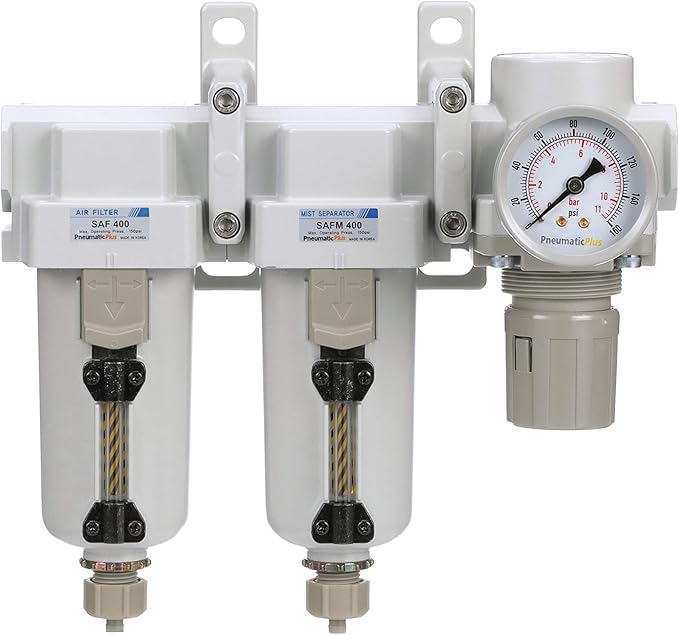 PneumaticPlus SAU430-N04G-MEP 3 Stage Compressed Air Filter Dryer System - Particulate Air Filter, Coalescing Air Filter, Compressed Air Pressure Regulator Combo, 1/2" NPT - Metal Bowl, Manual Drain - AquaVibe