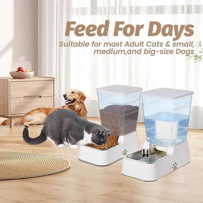 Automatic 5.4L/1.4Gal Pet Waterer, Automatic Dog Water Dispenser Gravity Stainless Steel Water Feeder, Large Capacity Feeding Bowls for Cats and Medium & Large-Sized Dogs (White, Food+Water)