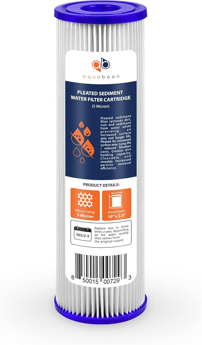 Aquaboon 5 Micron 10x2.5 Whole House Pleated Sediment Filter Cartridge for Well Water Filter Replacement Compatible with WFPFC3002, WHKF-WHPL, 6-Pack