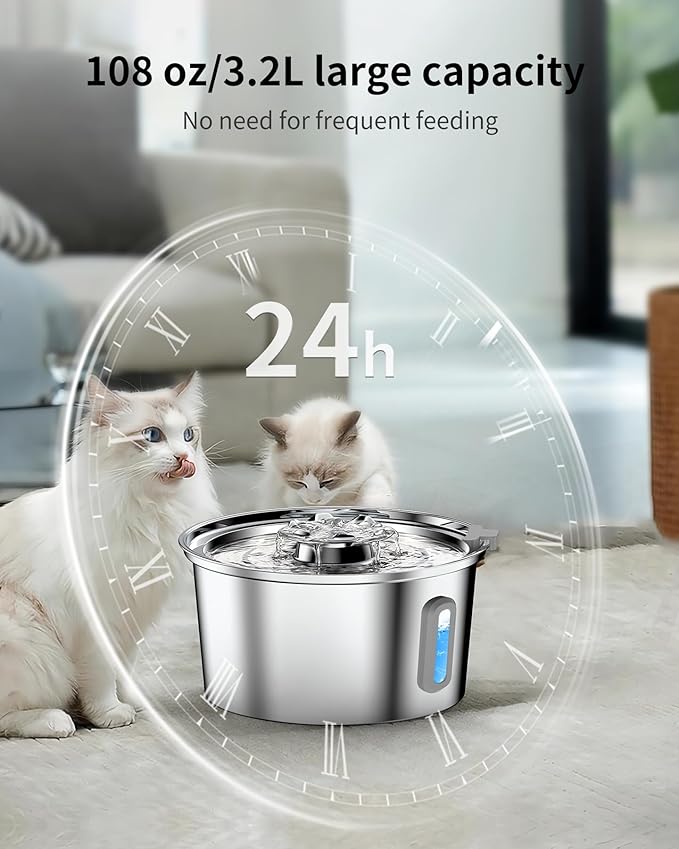 Cat Water Fountain,3.2L/108oz Cat Fountain with Water Level Window,Stainless Steel Pet Water Drinking Fountain for Cats Inside,Quiet Pump for Dogs and Cats(with Water Level Window)
