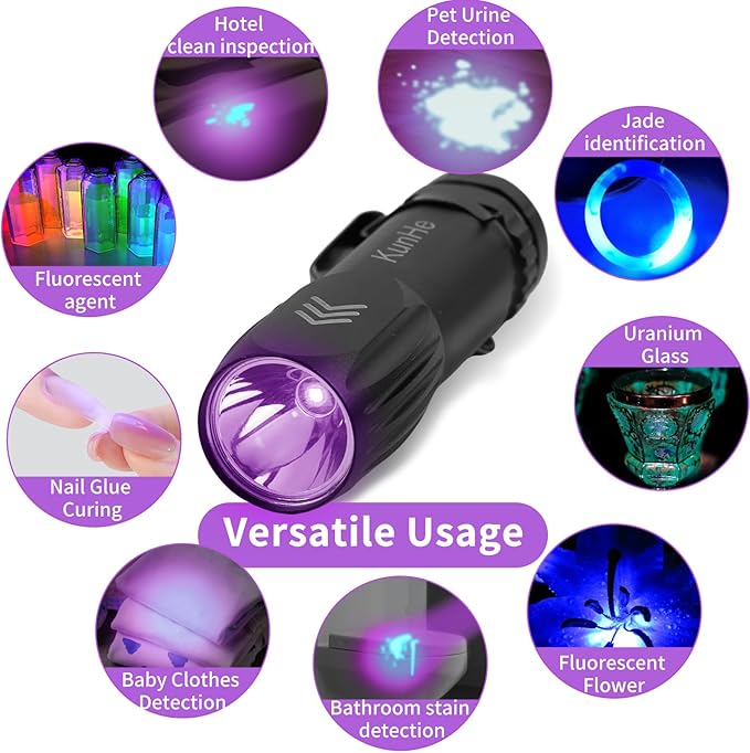 KunHe 10 Pack Mini UV 395nm Flashlight 3W Rechargeable UV Flashlight Bulk for Hotel Cleaning Pet Stain Detection Scorpion Seeking Mineral Identification Resin Curing