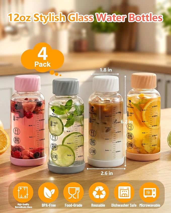 Zukro Glass Water Bottles 12 oz - 4 Pack Heat-resistant Borosilicate Small Juice Bottles with Stainless Steel Lids for Juicing, Protein, Milk, Smoothies - Reusable & Airtight Leak proof, BPA Free