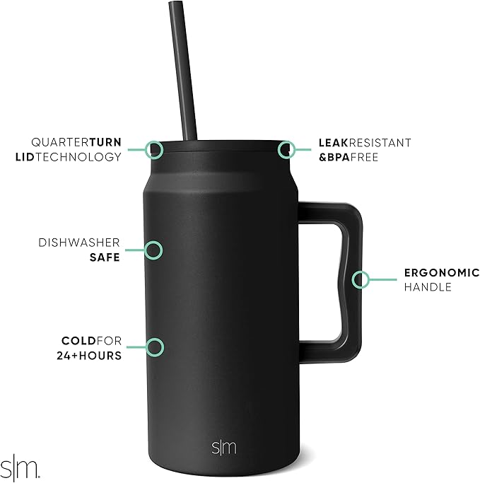 Simple Modern 50 oz Mug Tumbler with Handle and Straw Lid | Reusable Insulated Stainless Steel Large Water Bottle | Gifts for Women Men Him Her | Trek Collection | 50oz | Midnight Black