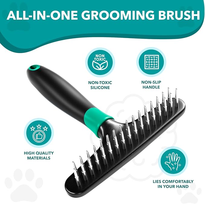 Deshedding Brush Comb - Undercoat Rake for Dogs, Cats, Short, Long Hair Coats - Double Row Stainless Steel Pins - Reduce Shedding by 90% (Green) - AquaVibe
