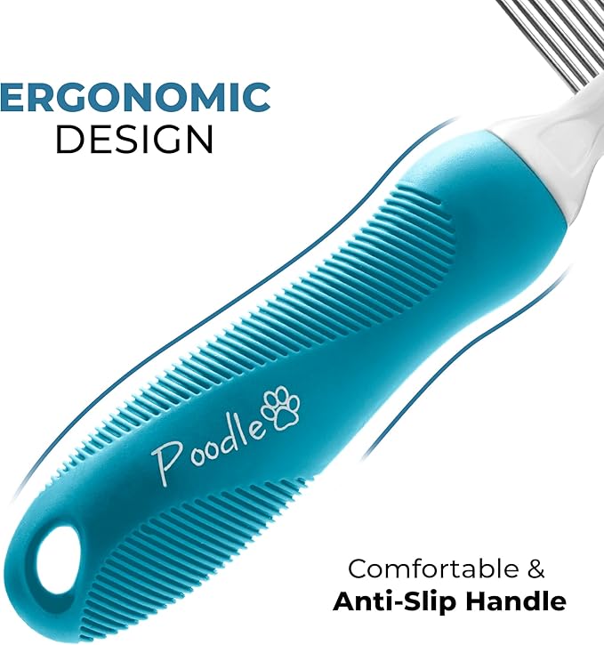 Poodle Grooming Comb - Metal Dematting Comb with Long & Short Stainless Steel Teeth for Removing Matted Hair & Knots, Safe and Gentle for Dogs & Cats - AquaVibe