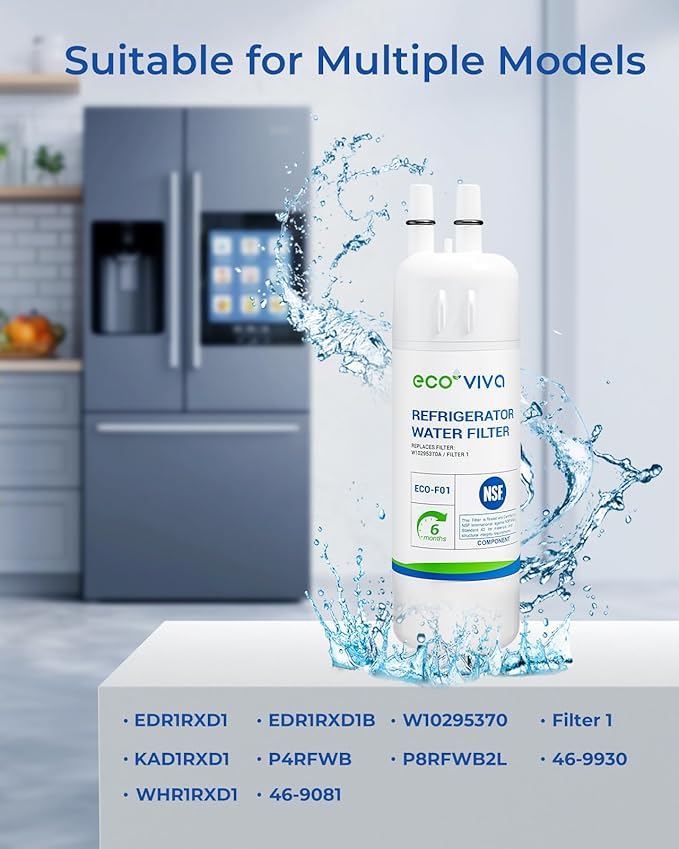 Ecoviva W10295370A Water Filter Replacement, Compatible with Everydrop® EDR1RXD1, EDR1RXD1B, W10295370, Filter 1, WHR1RXD1, KAD1RXD1, P4RFKB2, P8RFWB2L,Kenmore® 46-9930, 46-9081, Pack of 3