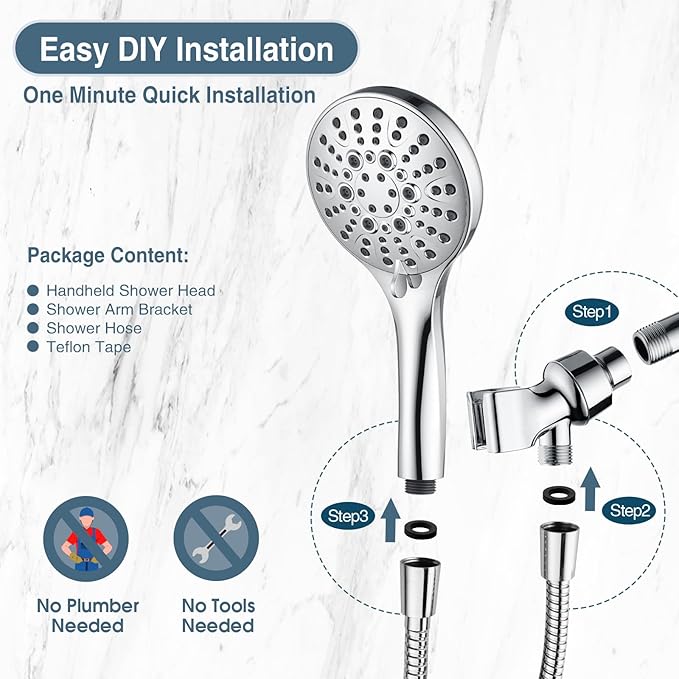 BRIGHT SHOWERS High Pressure Shower Head with Handheld, 9 Spray Settings Showerhead Built in Power Wash to Clean Tub and Pets, Extra Long 69" Hose, Adjustable Bracket, Chrome - AquaVibe