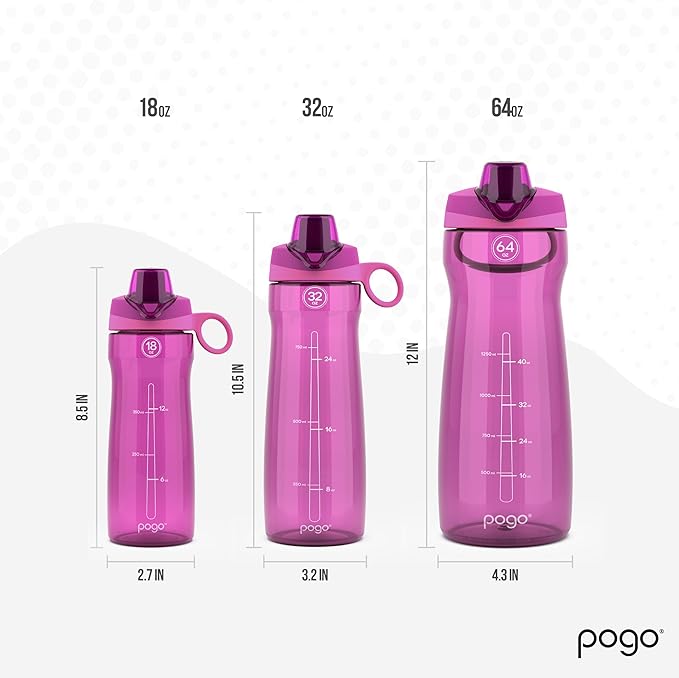 Pogo 64oz Plastic Water Bottle with Leak-Proof Chug Lid and Carry Handle, Reusable, BPA Free, Capacity Markings, Dishwasher Safe, Perfect for Travel, School, Outdoors, and Gym, Fuchsia
