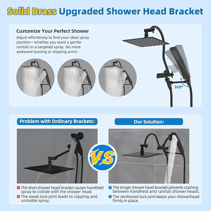 Hibbent All Metal Shower Head, 10'' High Pressure Rainfall Shower Head, Showerhead Combo, Handheld Shower Wand, 12'' Adjustable Curved Shower Extension Arm, 71'' Hose, Shower Head Holder, Matte Black