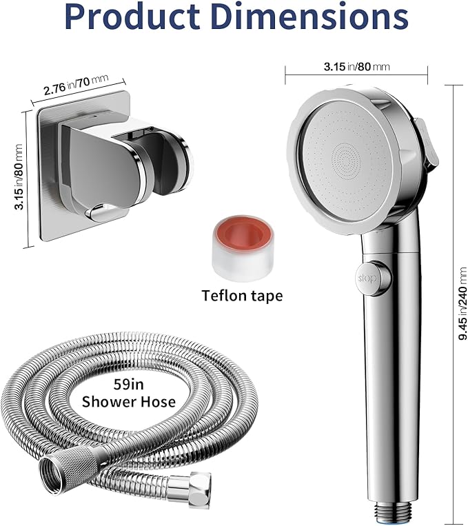 HANLIAN On/Off Pause Camper Shower Head with Filters, Detachable Shower Head with Filter, High Pressure RV Shower Heads with Hose and Self-adhesive Bracket, Shower Filtered Showerhead (Chrome)