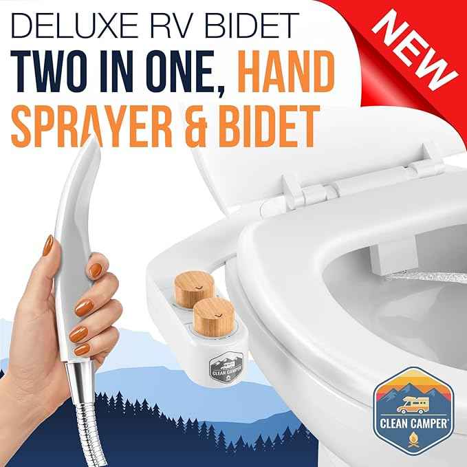 RV Bidet Deluxe Kit – Dual Nozzle Bidet + 4-Ft Handheld Spray Wand for & Full RV Bathroom Cleaning – Adjustable Water Pressure, Compact Reversible RV Fit, Brass Fittings, 4-Way T-Adapter
