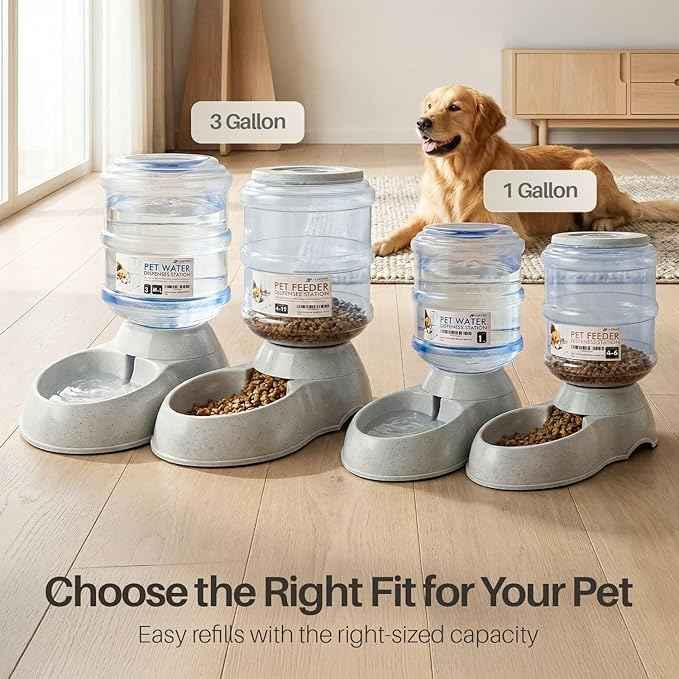 Flexzion Automatic Pet Feeder & Waterer Set of 2 Pack, Self Feeding Replenish Dog Cat Bowls, Gravity Food & Water Storage Container Fountain Jug Pet Supplies Plastic Skid Proof Rubber Feet (3 Gallon)