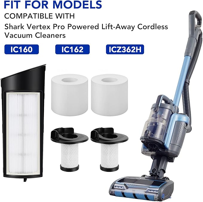 Vacuum Filter Replacement for Shark ICZ362H IC160 IC162 - Accessories Parts for Shark Vertex Pro Powered Lift-Away Cordless Vacuum- 2 Foam Filter and 2 Pre-Motor Filter 1 HEPA Filter and 1 Brush - AquaVibe