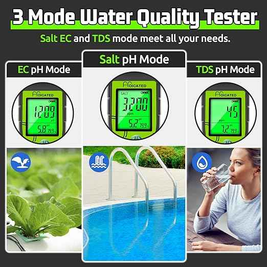 Digital Pool Salt Tester for Swimming Pool Large Simultaneous Screen Salinity pH Meter for Koi Pond Aquarium Fish Tank Hot Tub EC Tester for Indoor Garden Hydroponics Water Quality Tester