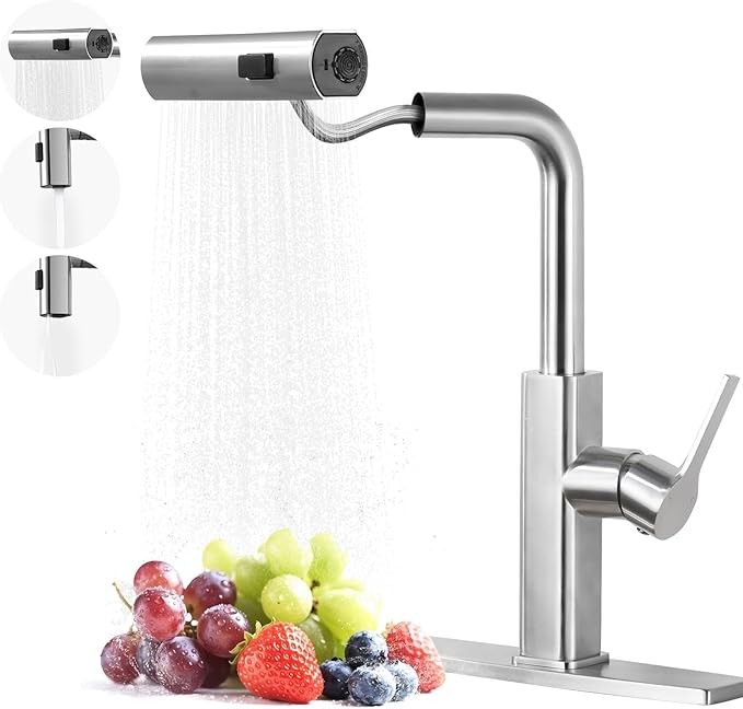 Kitchen Faucet with Pull Down Sprayer: ALEASHA Waterfall Kitchen Sink Faucet with 3 Function Pullout Sprayer, 360° Rotatable Single Hole Faucets for Modern RV/Bar, Single Handle, Brushed Nickel