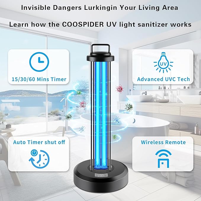 38W UV Light with 1 Spare Bulb, UVC Lamp with Remote Control for Home,Office School,Hotel.Portable Lamp,3-Gear Timer 15/30/60 Minutes 110V Ozone Free