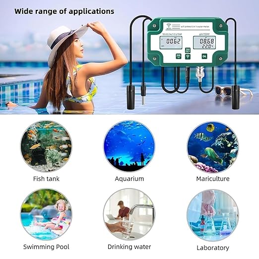 Digital Water Quality Meter, 6 in 1 WiFi Smart Water Quality Monitor with App Control, PH EC TDS(PPM) Salt S.G Temperature Tester for Swimming Pools, Household Drinking Water. ﻿