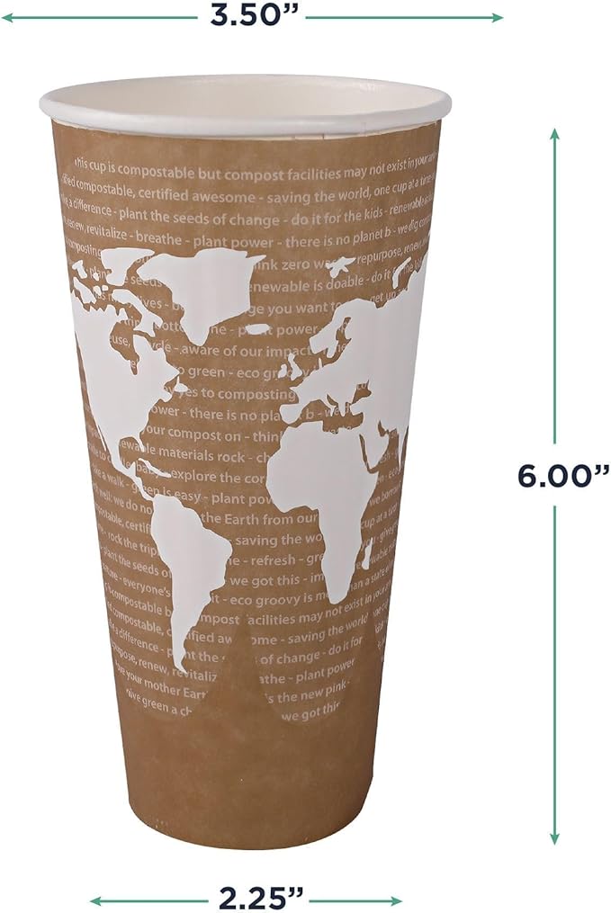 ECO PRODUCTS Compostable Disposable Insulated World Art 20oz Large Coffee Cups, Case of 600, Renewable Double-wall Hot Paper Cup, Plant Based PLA Lining, No Sleeves Needed, Lid Available, Color Coded
