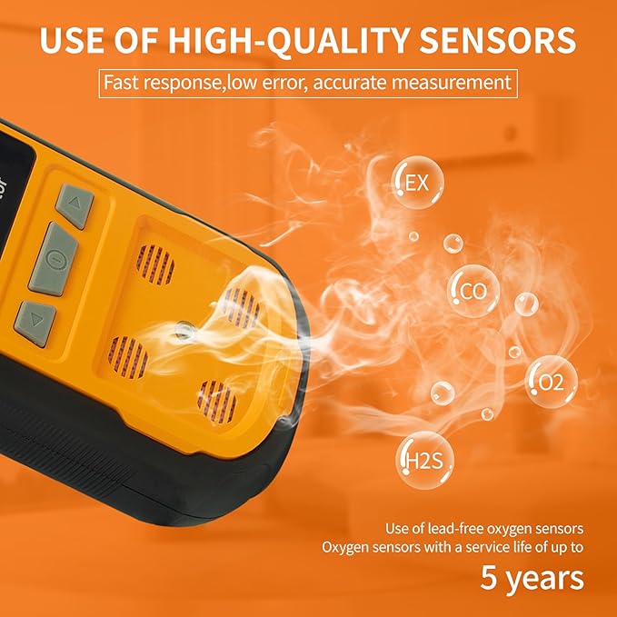 Upgraded 4 Gas Monitor Multi Gas Detector, Yfwsrecinoe Gas Leak Detector, Rechargeable 4 Gas Monitor Ex H2s Co O2 with LCD Multiple Indicator (Orange)